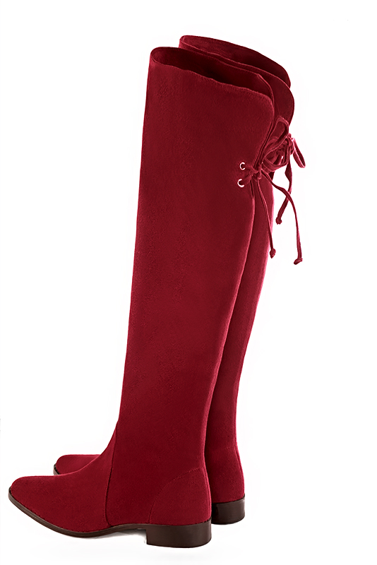 Burgundy red women's leather thigh-high boots. Round toe. Flat leather soles. Made to measure. Rear view - Florence KOOIJMAN